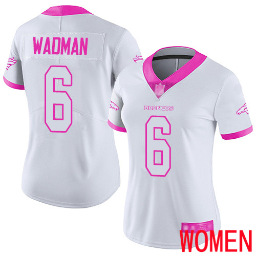 Women Denver Broncos #6 Colby Wadman Limited White Pink Rush Fashion Football NFL Jersey->women nfl jersey->Women Jersey